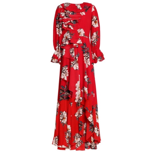 NWT Mikael Aghal Ruffled Floral-print Red Crepe Gown size 12